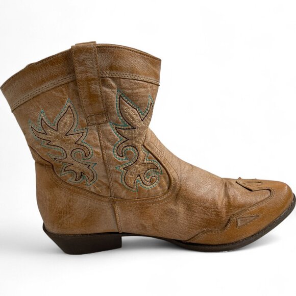 Arizona Ankle Boots Cowgirl Western Cowboy Faux Leather Tan Turquoise Women's 10 - Picture 4 of 12